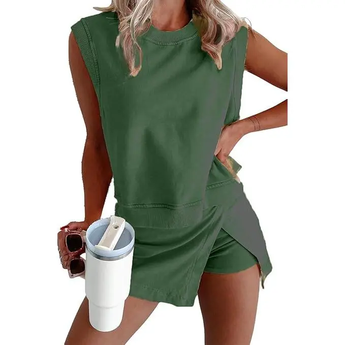 Women's Travel Outfits Summer Lounge Set Two Pieces Mineral Wash Cotton Tank Top Lined Split Athletic Skirt Set, simple and versatile two-piece set with a slit skirt, suitable for running, Pilates, training, and fitness in the summer