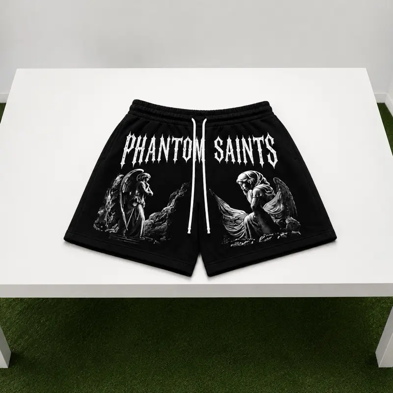PHANTOM SAINTS "FALLEN ANGELS" Menswear Shorts, Streetwear Outfits Piece, Relaxed Fit, Adjustable Waist, Angel Artwork Design