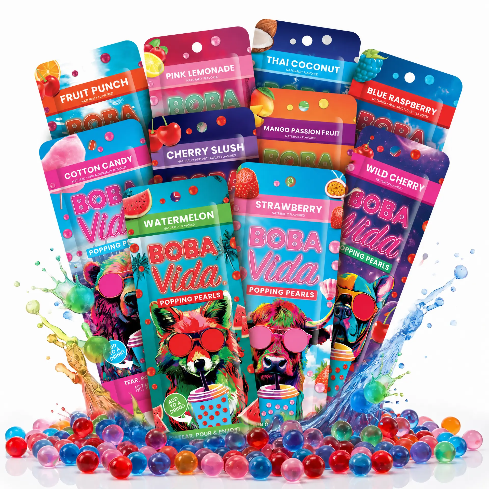Assorted Popping Boba Pearls 10-Pack of Random Flavors – Ready-to-Eat Fruit Juice Bursting Boba for Bubble Tea, Drinks  & Desserts | Includes 10 Boba Straws