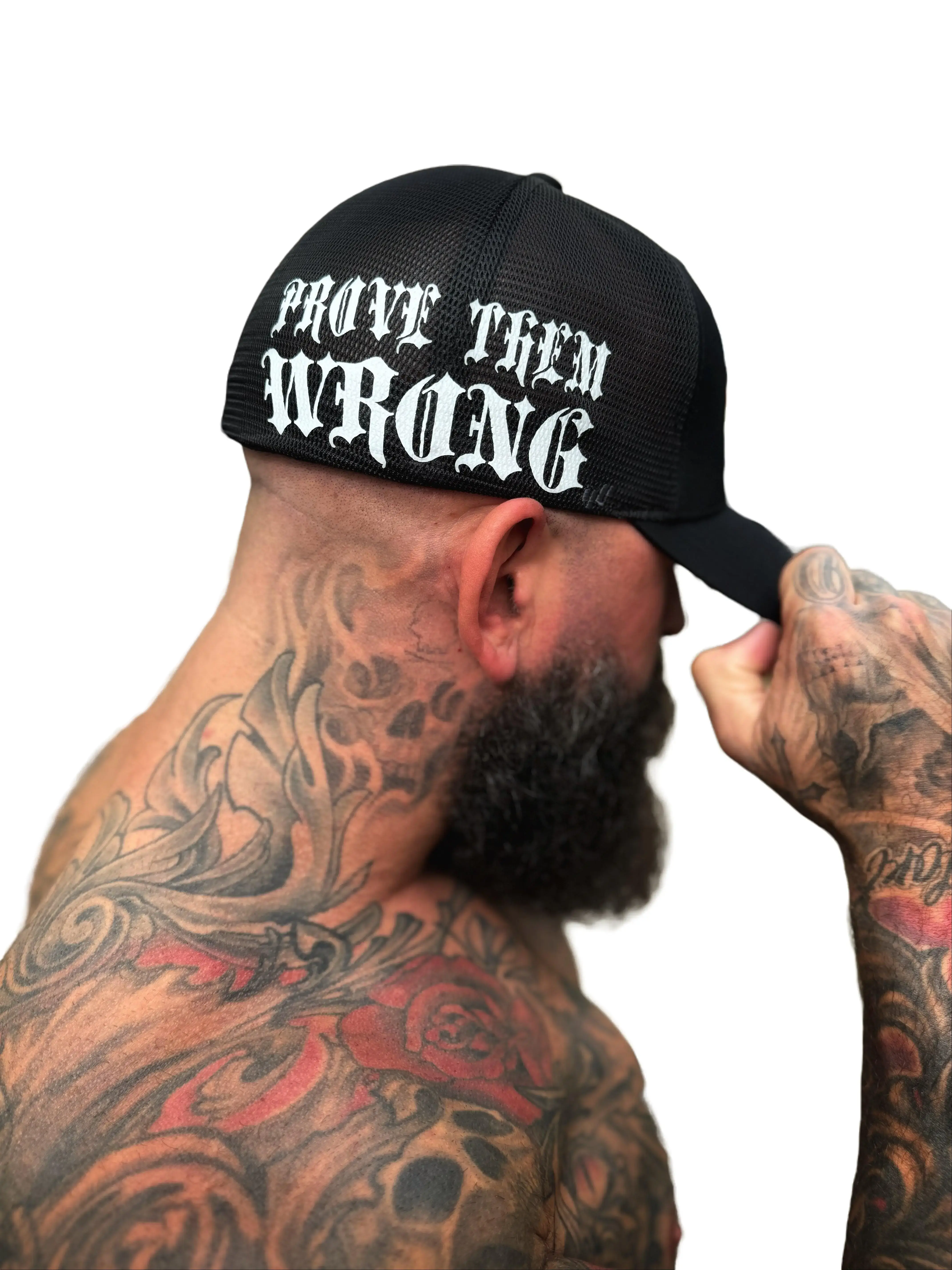TheDriveClothing PROVE Side Slogan Flexfit Graphic Trucker Hat - Black, Unisex Mid Profile Structured Fit, Heather Cotton Jersey Front, Breathable Mesh Back, Shape Stays Firm, Everyday Streetwear Accessory
