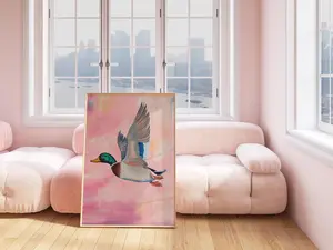 Mallard Duck Wall Art, soft pink girly nursery painting, dreamy balletcore wall art, pastel coquette aesthetic, pink sky painting