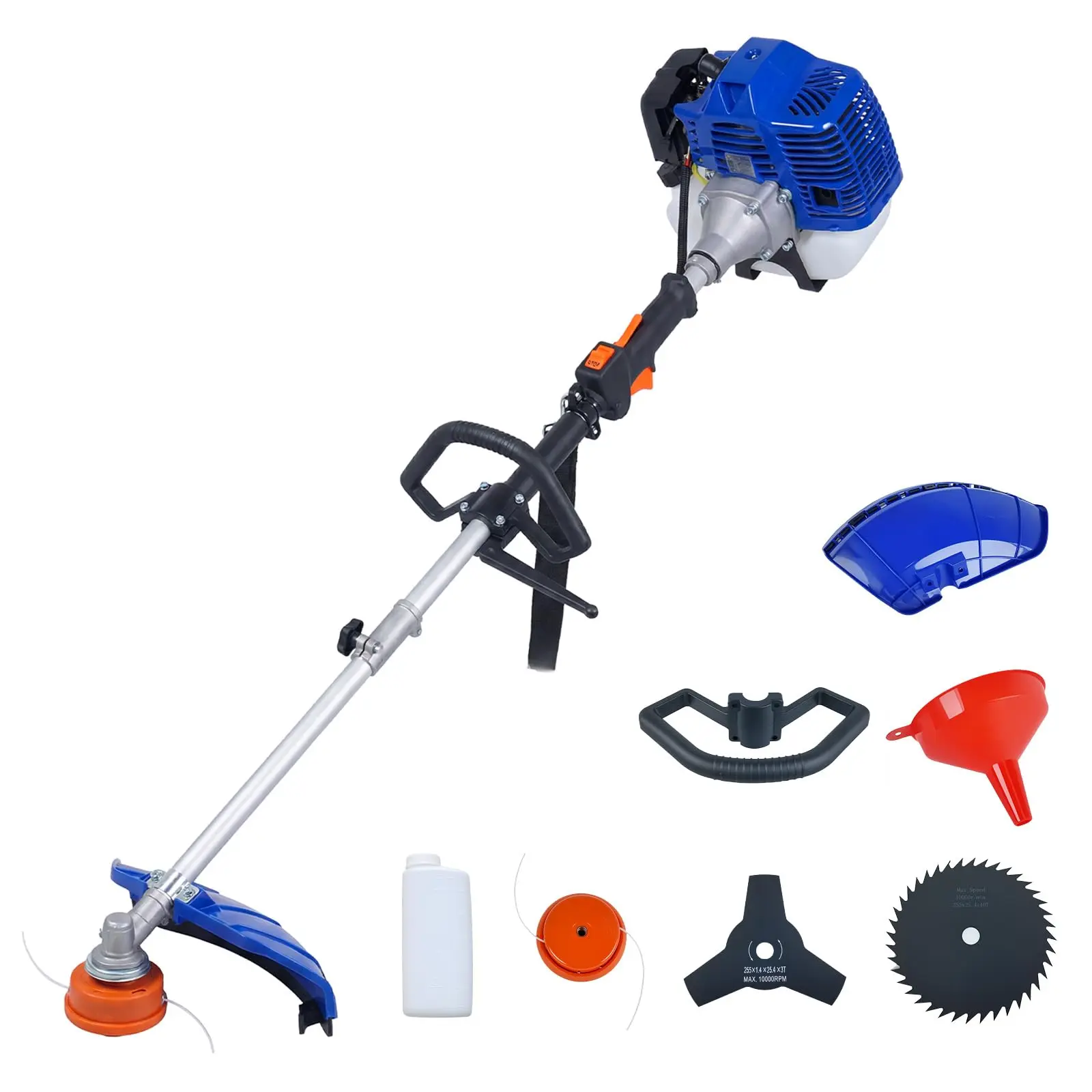 43cc Professional 3-in-1 Garden Tool Kit for Lawn Care - Aluminum Gas Grass Trimmer, 3-Tooth Brush Cutter, Lawn Edger with 10-in Metal Blade, 1:25 Fuel Mix, Shoulder Strap, Handle, Grass Trimmer Accessories (Orange)