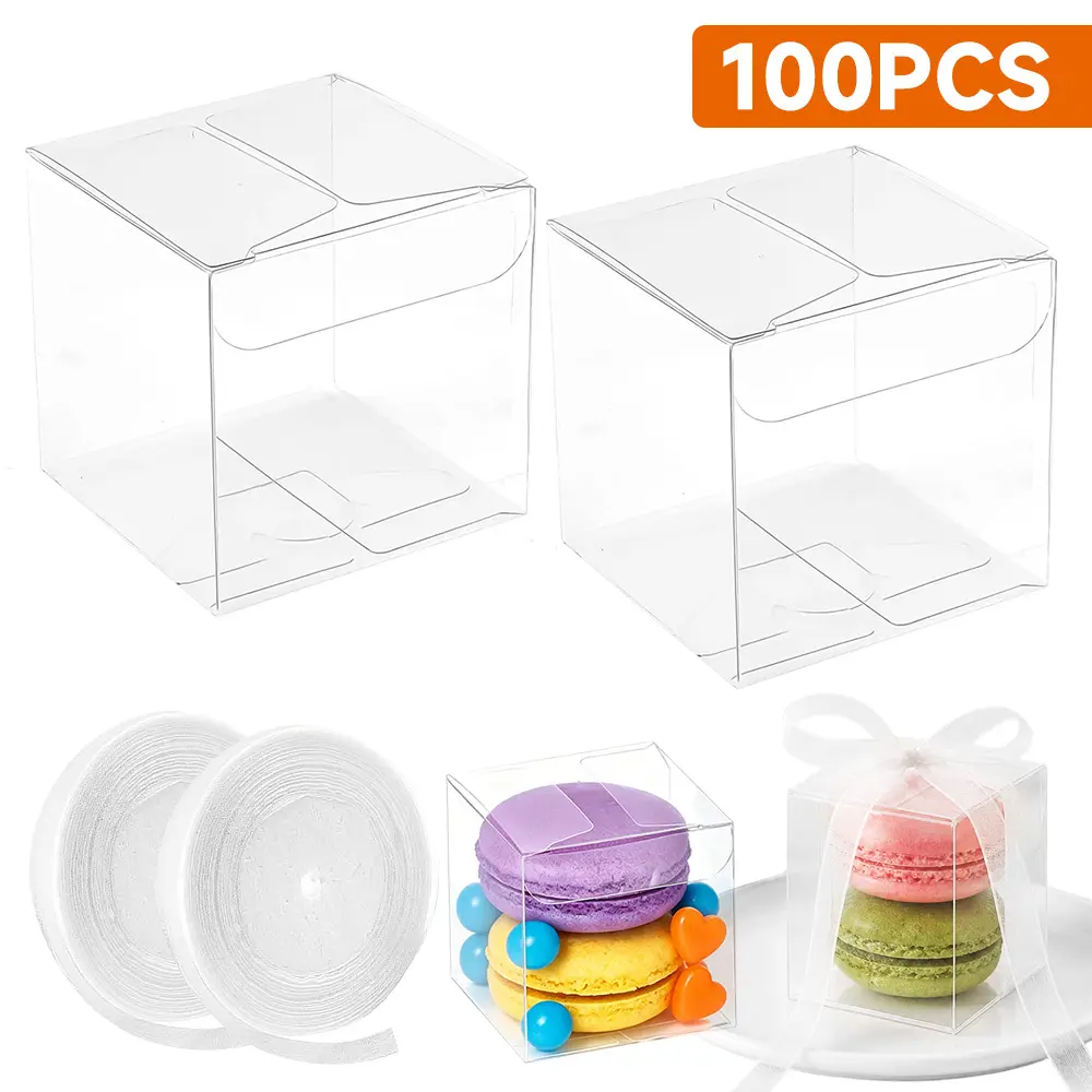 100 Packs 2x2x2 Inches Clear Favor Boxes with 2pcs Ribbons, Mini Transparent Cube Treat Boxes for Candy & Chocolate Bomb, Plastic Individual Packaging Box