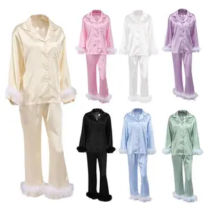 Women Sleepwear Feather Trim Button Down Lapel Long Sleeve Shirts and Pants Sets Ladies Pajamas Sets Elegant Chic Loungewear(gift) Womenswear Check