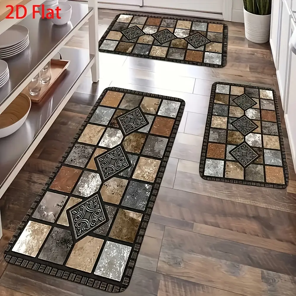2D Flat 2PCS Vintage plaid style kitchen floor mats, brown long mats, absorbent and non-slip, fast drying, machine washable, suitable for bathrooms, kitchens, hallways, laundry rooms, home decor rugs