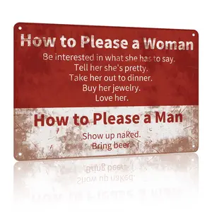 How to Please a Woman vs Man Humor Aluminum Sign, Funny Couple Quote Wall Art, Rustic Sarcastic Decor for Bedroom, Bar & Game Room, 12x8 Inch