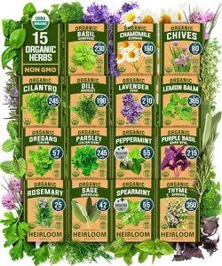 15-Pack Organic Varieties - 2,500+ Non-GMO Heirloom Seeds with High Germination Rate, for Indoor/Outdoor Gardens, Includes Basil, Cilantro & More Herbs