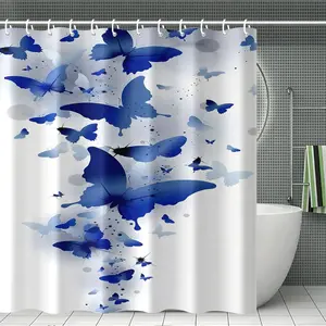 Blue Butterfly Shower Curtain Set with Mat, Polyester, Christmas Bathroom Decor, Includes 12 Hooks, Non-Slip Bath Mat, Bathroom Accessories