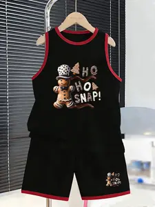 Summer Boys' Sports Set, Gingerbread Man Role & Ho Ho Snap! Slogan Print, Casual Knit Two-Piece, Comfortable Breathable