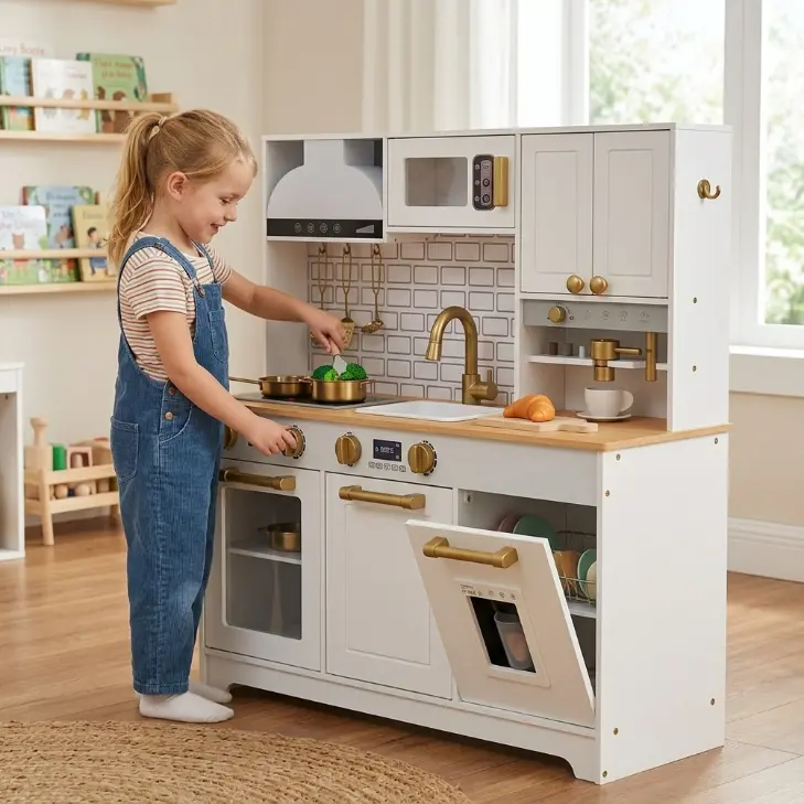 Aobtkel Wooden Kids' Play Kitchen Center (31.7in, White Gray) - Wood/Metal Set with Ice Maker, Capsule Coffee Machine, Food-Grade 304 Stainless Steel Cookware, Clickable Knobs, Open Storage - Cooking Fun for Boys/Girls Age 3-8, Age 6-8 Gift Idea