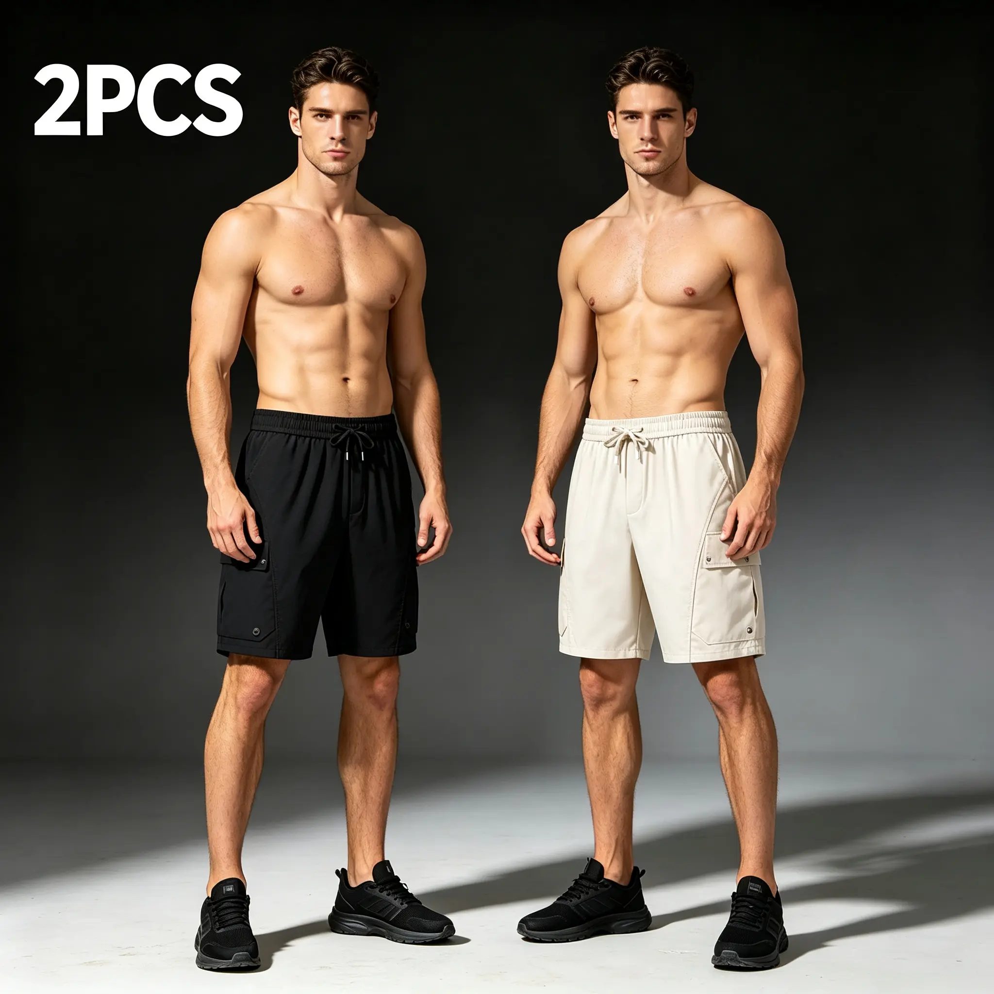 Men's 2 Pack Quick Dry Cargo Shorts, Lightweight Breathable Outdoor Work Shorts with Multi Flap Pockets, Elastic Drawstring Waist Casual Hiking Travel Athletic Shorts