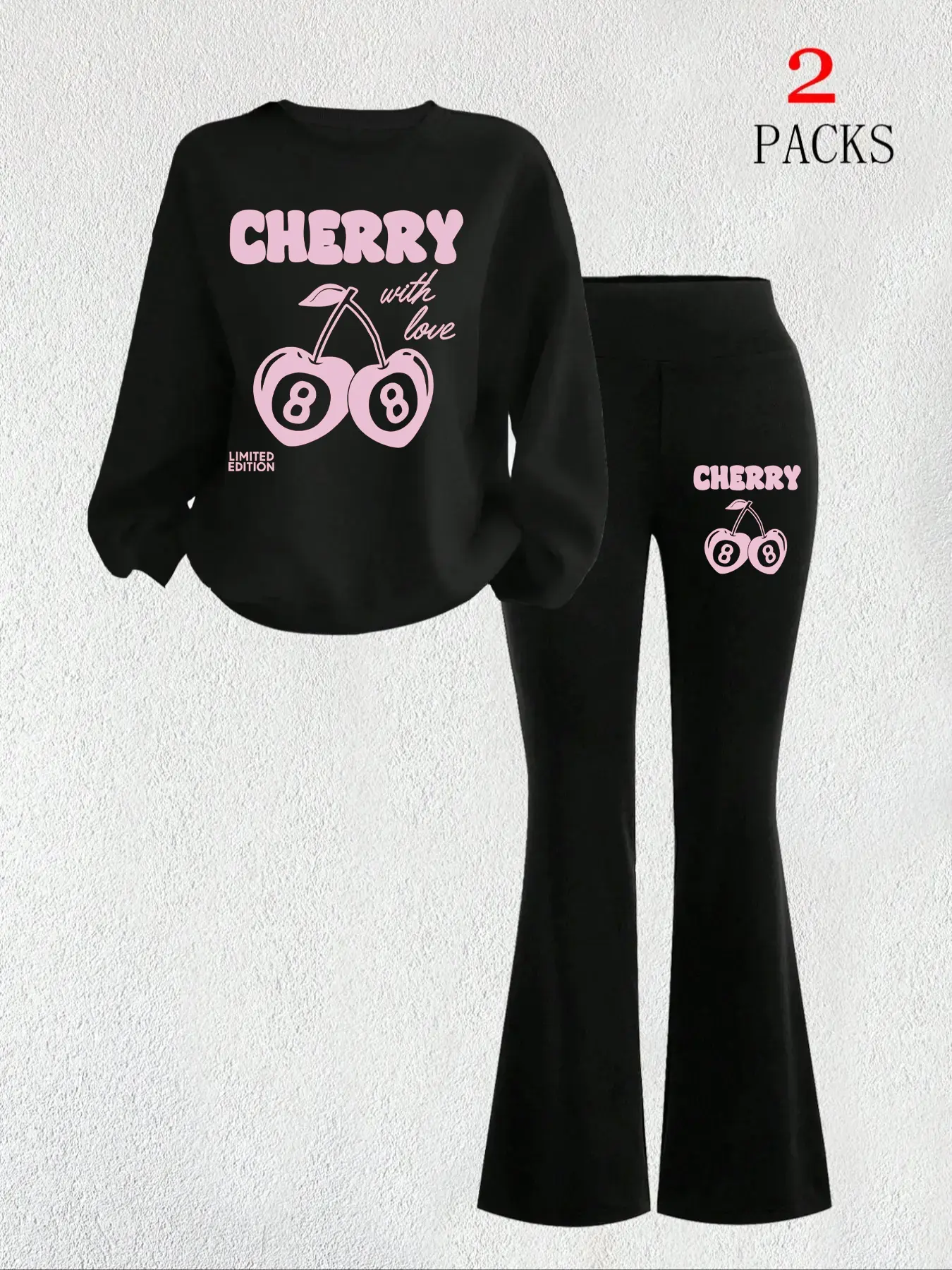 Spring & Fall Fashion Street Style Cherry Letter Print Round Neck Long Sleeve Sweatshirt + Pants Set, Women's Casual Two-Piece Clothes