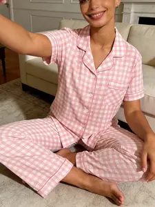 Women's Short Sleeve Long Pants Cardigan Sleepwear Set, Plaid Full Print, Casual Slim-Fitting Home Wear, All Seasons