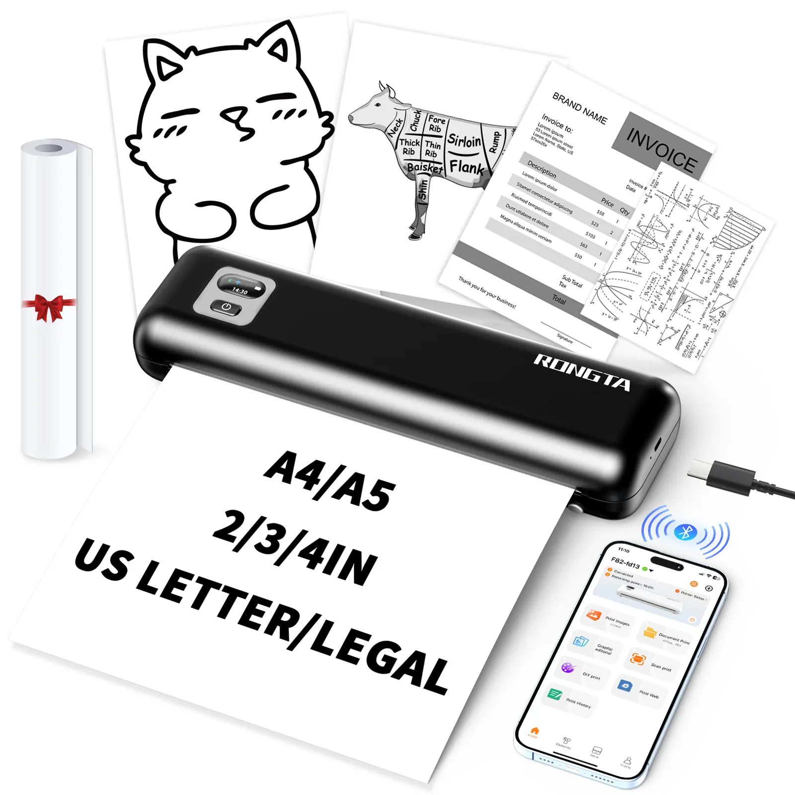 RONGTA Inkless Portable Mini Printer (F82a Model) - Wireless Bluetooth Thermal Printer with Built-in Cell & Thermal Core, Compatible with iOS/Android & Laptops, Supports 8.5"x11" US Letter & A4 Paper, Compact for Travel & Office#backtoschool