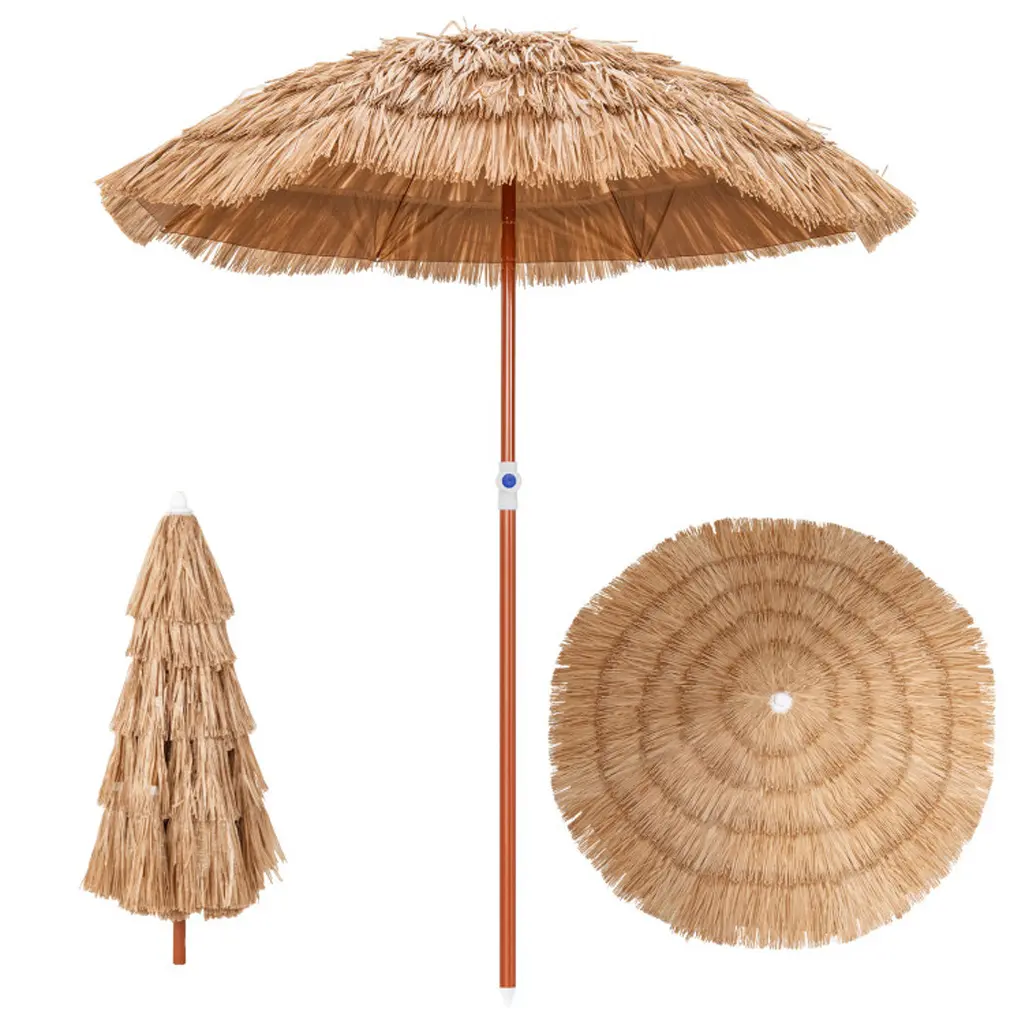 Summerwins 6FT PE Thatch Fabric Tiki Beach Umbrella - Easy Install, Tool-Free Height & Tilt Adjustment, 2pcs Portable Sun Protection Shade with Carry Bag & Stake Tip, Long-Lasting for Tiki Bar, Pool, Tropical, Rustic Wood-Grain, Thatched, Wear-Resistant P