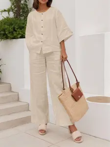 2PCS Suits Women Round Neck 3/4 Sleeve Tops Shirt with Pockets + Wide Leg Pants Trousers Sets