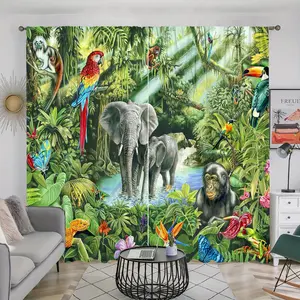 Jungle Zoo Pattern Door Curtain, 2 Counts Tropical Green Leaves Elephant Macaw Snake Pattern Door Curtain, Home Decor for Bedroom, Living Room, Kitchen, Bathroom