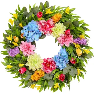 18 Inch Spring Wreath for Front Door with Dahlias, Hydrangeas, Peonies, Eucalyptus - Artificial Spring Summer Wreath for Farmhouse, Porch, Window, Wedding, Indoor Outdoor Home Decor