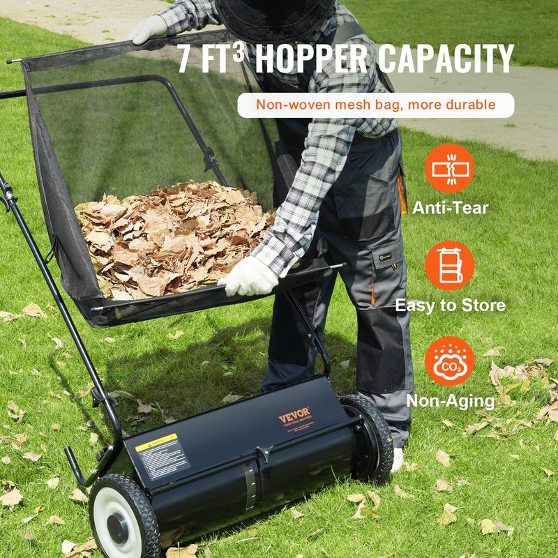 VEVOR Push Lawn Sweeper, TikTokShopBlackFriday, 26 Inch Leaf & Grass Collector, Strong Rubber Wheels & Heavy Duty Thickened Steel Durable to Use with Large Capacity 7 ft³ Mesh Collection Bag, 4 Spinning Brushes
