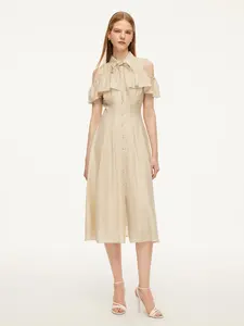 Tencel Acetate Linen Blend Cold Shoulder Women Maxi Dress Casual Fit