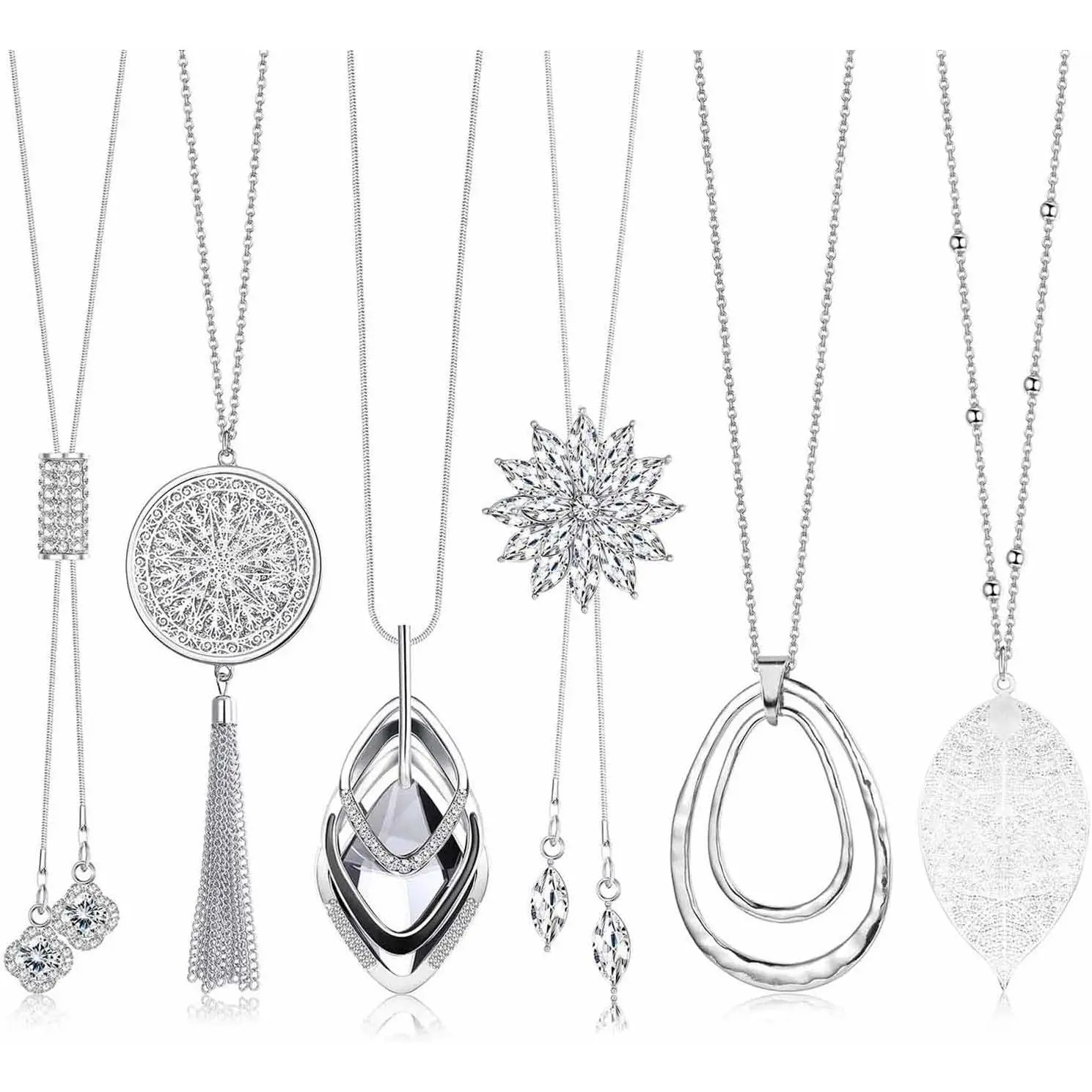 6Pcs/Set Long Pendant Necklaces for Women,Long Sweater Necklaces Silver Flower Tassel Disk Circle Leaf Statement Sweater Chain Necklace for Women,Fashion Jewelry,Fathersdaygift,Hand Tools Kits