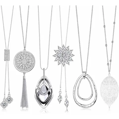 6Pcs/Set Long Pendant Necklaces for Women,Long Sweater Necklaces Silver Flower Tassel Disk Circle Leaf Statement Sweater Chain Necklace for Women,Fashion Jewelry,Fathersdaygift,Hand Tools Kits