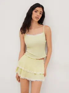 Lettuce Trim Bowknot Cami Top & Low Rise Lace Trim Layered Mini Skirt Set