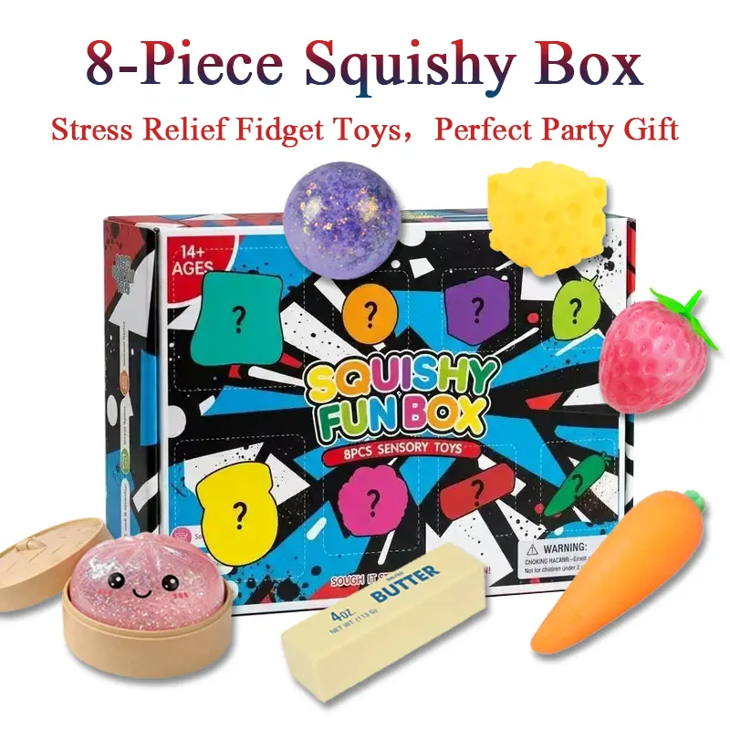 8-Piece Set Poke Box Malt Sugar Stress Relief Fidget Toys, Sensory Bundle, Creative Slow-Return Squishy, Party Gift, It includes buns, strawberries, cheese, carrots and more.8 Different Styles