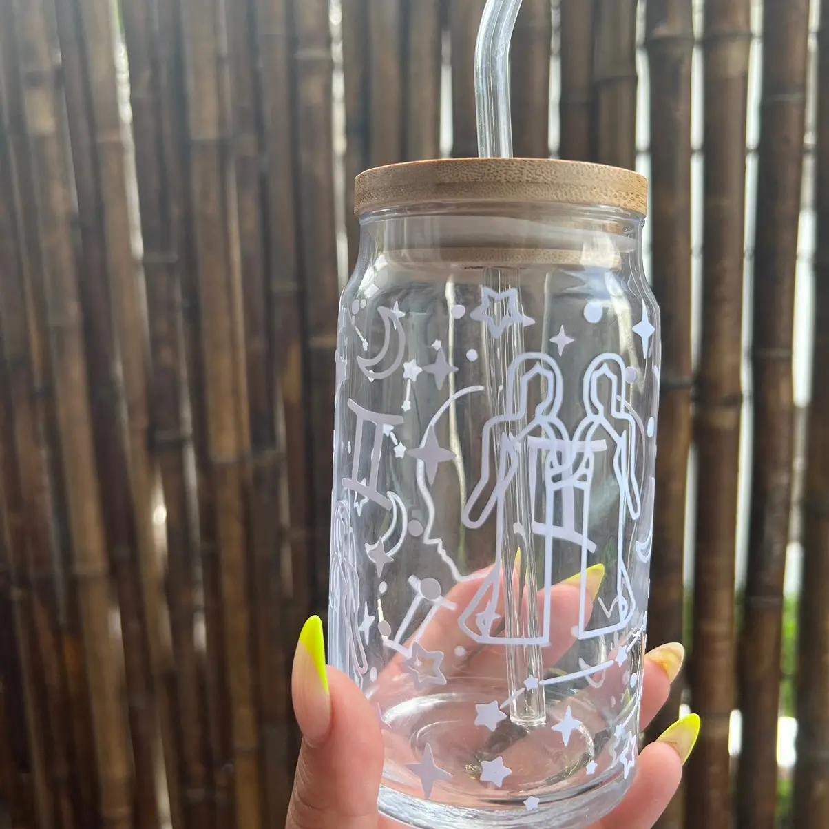 Horoscope Gemini Libbey Glass Cup || with Glass Straw and Bamboo Lid
