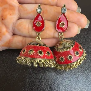 Red and Gold Pakistani Style Jhumka Earrings with Intricate Detailing