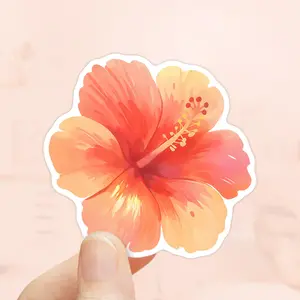 Pastel Orange Hibiscus Sticker Tropical Stickers Waterproof Vinyl Hawaiian Flower Watercolor Hibiscus Water Bottle Sticker