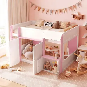 Full Size Loft Bed Frame with Playhouse, Storage Cabinet, Wood Full Loft Bed with Ladder, Safety Guardrail, Headboard and Footboard, for Bedroom, White+Pink