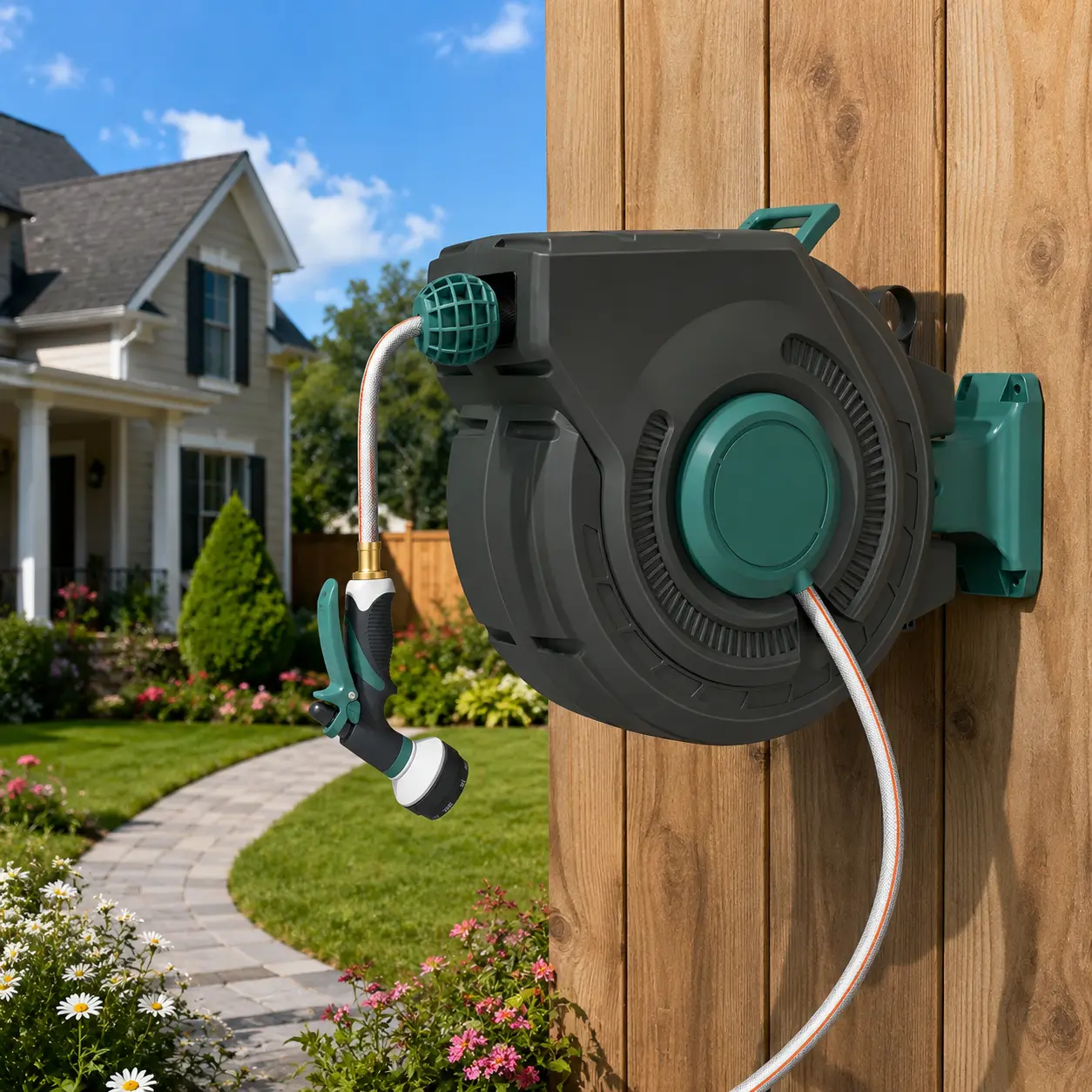 100FT Retractable Garden Hose Reel Heavy Duty Wall Mount, Automatic Kink-Free Water Hose with Metal Shaft, Lockable Any Length Outdoor Hose Reel for Car Wash, Yard, Patio & Pet Cleaning