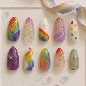 Rainbow Press On Nails, Celestial Pride Month Acrylic Fake, Summer Gel Glue On