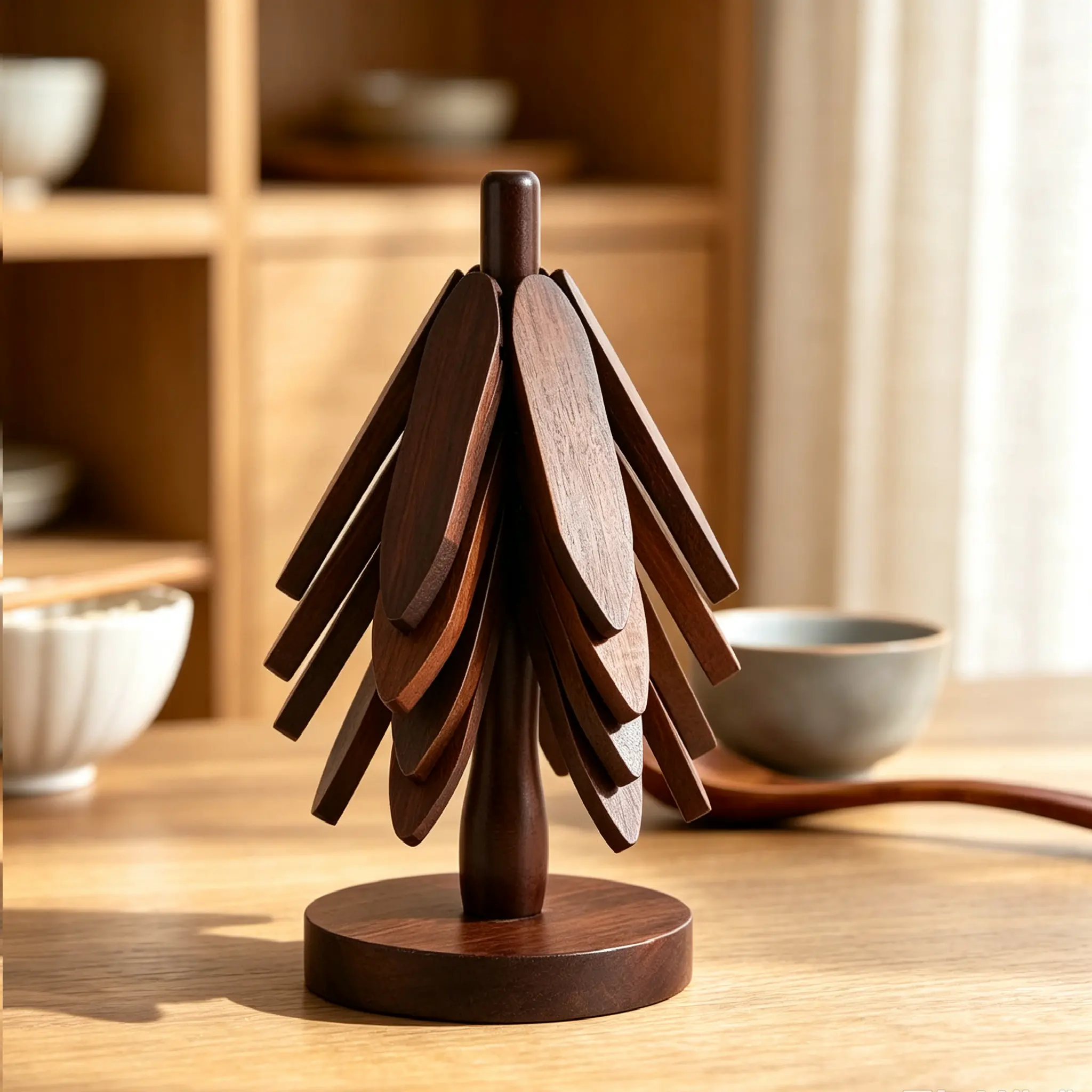 Premium Black Walnut Leaf Wooden Tree Coasters Set with Compact Foldable Stackable Trivets & Wooden Stand, Heat-Resistant Hot Pad for Tableware, Countertop Protector, Decorative Home Kitchen Accessory