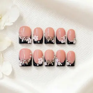 Naillulu ‌|‌ 10PCS 100% Handmade 0.8 inch Press on nails ‌|‌ Silver Bow Petal Short Square Acrylic Nails | For Daily, Date, Bridal, Party & Vacation Photoshoot