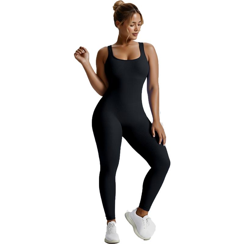 Women's Seamless Ribbed Knit High-Stretch Tummy Control Butt Lifting Yoga Bodysuit Square Neck Sleeveless Plain Solid Color Long Length Minimalist Elegant All Seasons Athletic Style Workout Gym Clothing