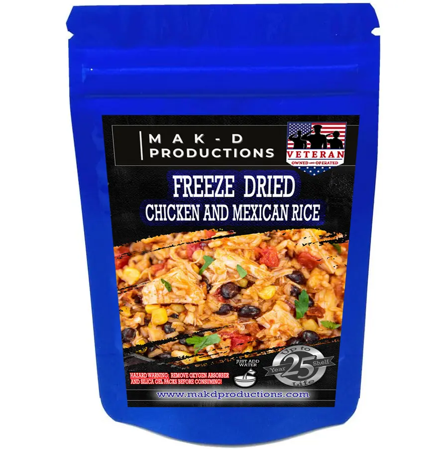 MAK D Productions - Freeze Dried Meal  - Chicken - Rice - Chicken, Black Beans, Corn, Peppers and Rice - Gourmet Recipes by a Sullivan University (Louisville, Kentucky) Culinary Chef Graduate - NEVER BLAND TASTING - MADE IN THE USA