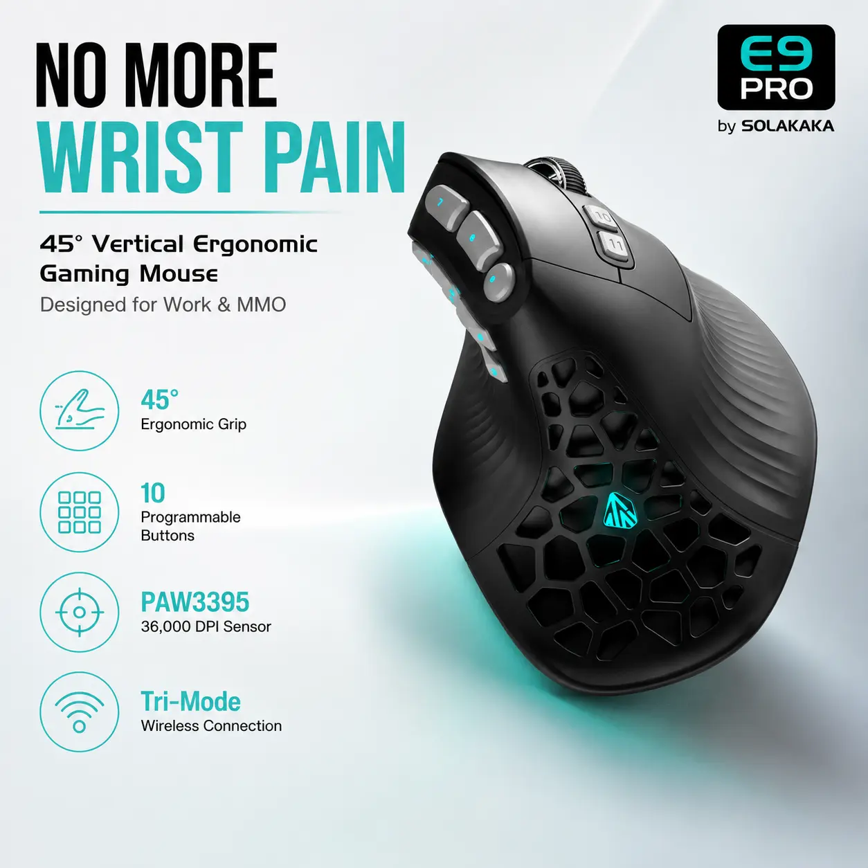 SOLAKAKA E9 PRO Vertical MMO Gaming Mouse - Lightweight Ergonomic Gaming Mouse with 10 Side Buttons,PAW3395 36000 DPI Sensor,45°Grip,Tri-Mode 2.4G/BT/Wired, RGB,1000mAh Rechargeable Mouse for PC/Mac - Black summerwins,summerwins