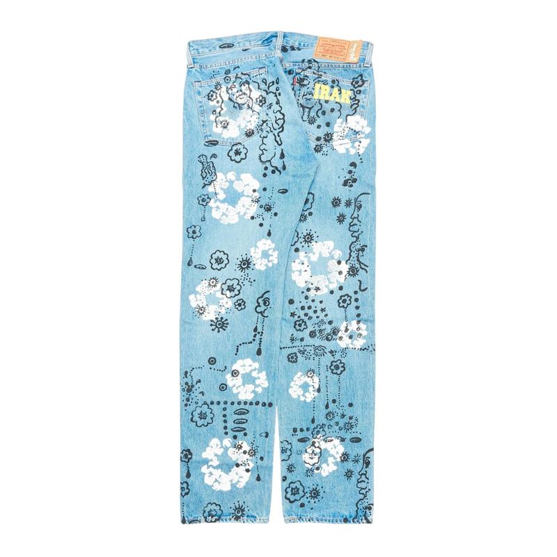 Denim Tears x Irak Levi’s 501 Wreath Logo Jeans Light Wash Vintage Indigo Black