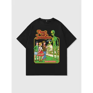 Men's Cartoon Alien & Letter Print Round Neck Tee, Regular Fit Street Fashion Casual Short Sleeve T-Shirt for Dailstreetwear, tiktok shop deals, summer outfits, guys gifts, summer clothes, gifts for him, graphic tee, men's shirts, t shirt, clothes for men