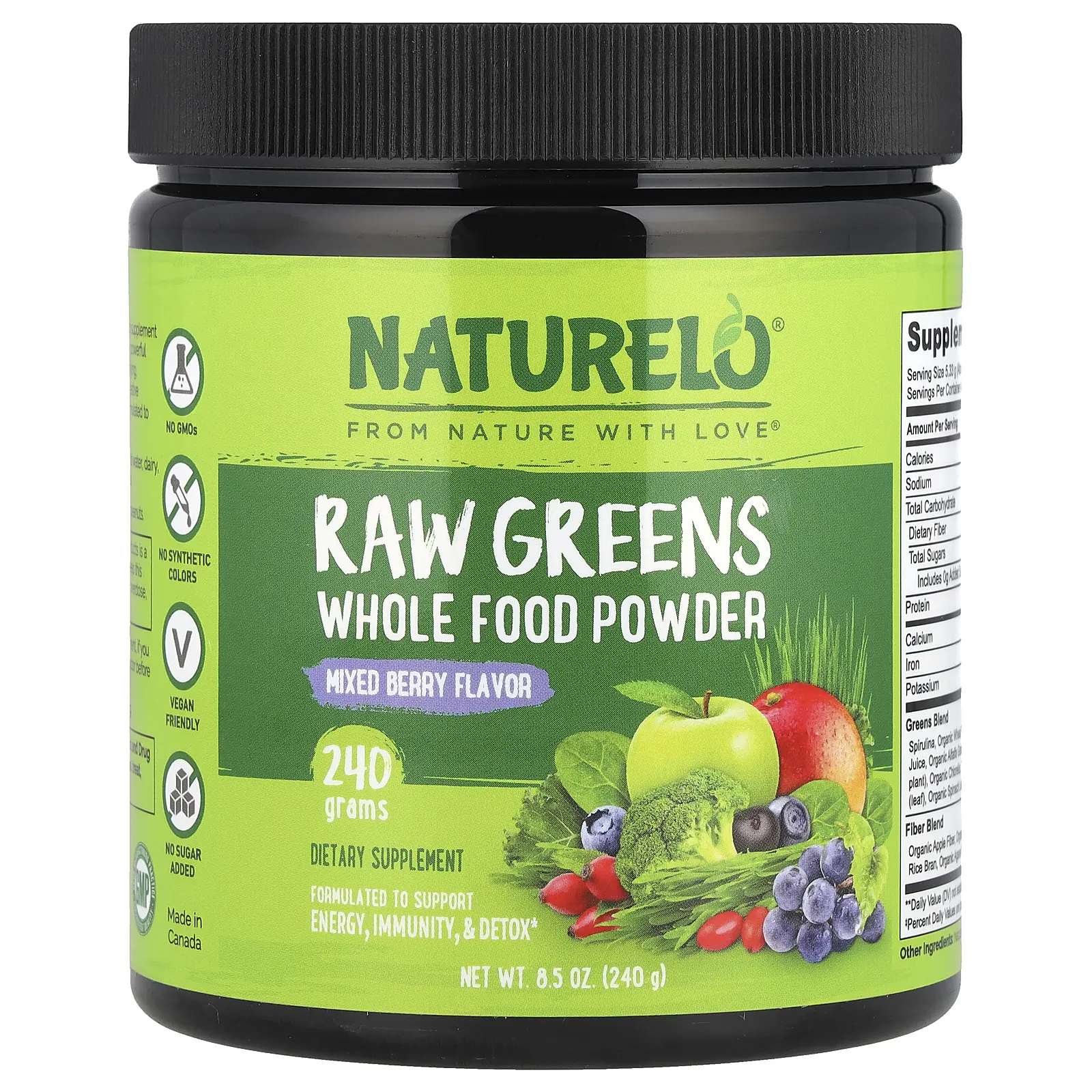 NATURELO Raw Greens Whole Food Powder, Mixed Berry, 8.5 oz (240 g)