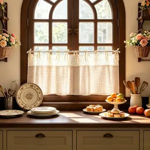 1PC Tie Top Plaid Kitchen Curtain Valance for Dining Room Small Windows Retro Gingham Linen Cafe Curtain Short Vintage French Window Treatment Tiers Bathroom Farmhouse Valance