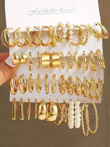 Set Of 12 Fashionable Faux Pearl, Geometric & Twisted Hoop Earrings, Perfect For Parties, Dates, Gifts And Daily Wear
