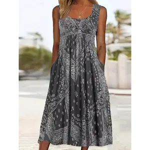 [Plus Size Floral Maxi Dress] Summer Chic Plus Size Sleeveless Maxi Dress - Floral Print, Stretchy Polyester Blend, Round Neck, Pleated Skirt for Women
