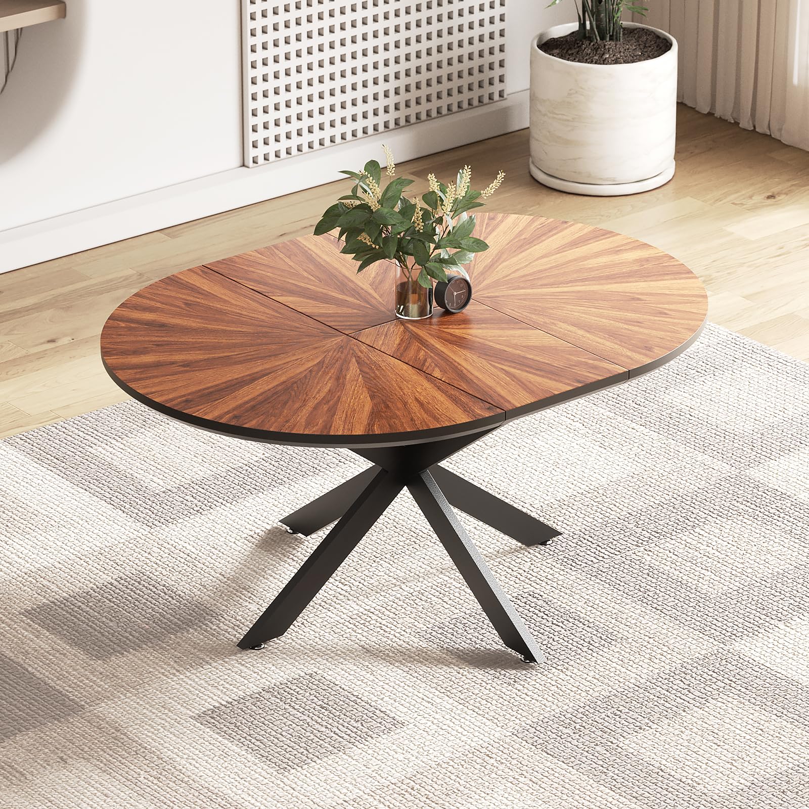 47.2"-63" Extendable Round Dining Table for 4-6, Modern Farmhouse Kitchen Oval Dining Table with Removable Leaves Space Saving, Expandable Table, Solid Wood Tabletop & Metal Frame, Walnut Dining Room Furniture