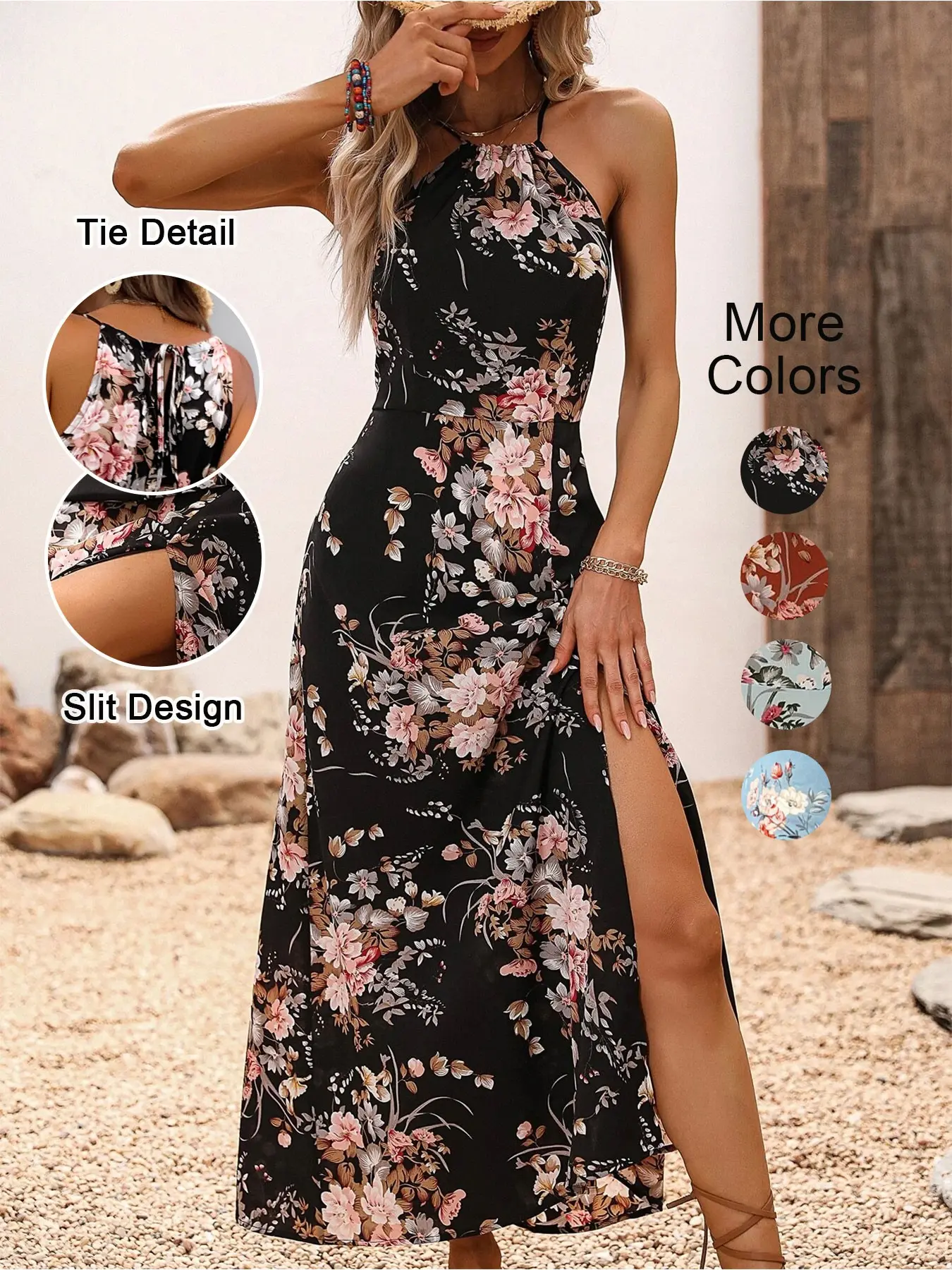 Women's Floral Print Split Thigh Halter Dress, Elegant Chic Boho Style Tie Back Design Long Dress for Spring Summer Fall, Bohemian - TikTok Shop Women's Floral Print Split Thigh Halter Dress, Elegant Chic Boho Style Tie Back Design Long Dress for Spring Summer Fall, Bohemian - TikTok Shop