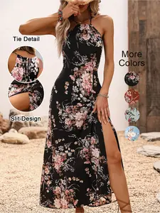 Women's Floral Print Split Thigh Halter Dress, Elegant Boho Style Tie Back Design Long Dress for Spring Summer Fall
