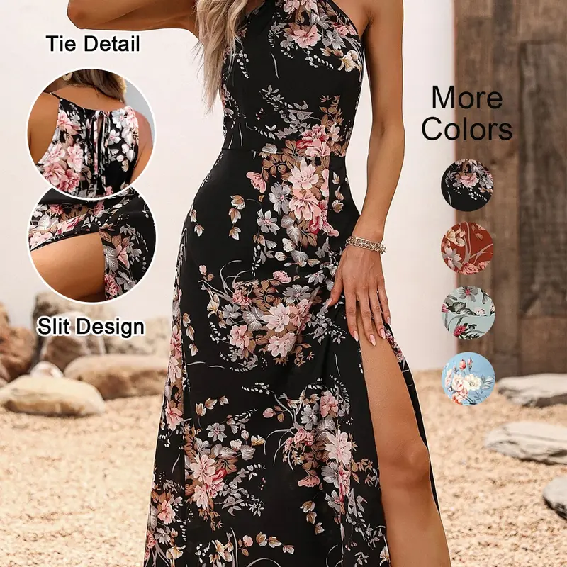 Women's Floral Print Split Thigh Dress, Tie Back Design, Boho Style, Bohemian Dress, Sleeveless Long Dress, All Seasons, Elegant and Chic