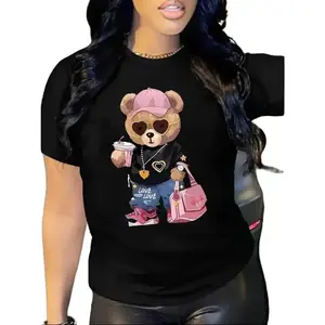 Women's Casual Cartoon Bear Graphic T-Shirt -Black Short Sleeve Round Neck All-Season Stylish Accessories Design Comfortable Fit Fabric Top 100% Cotton Breathable Streetwear Unisex Womenswear Crewneck Fitted Shortsleeve